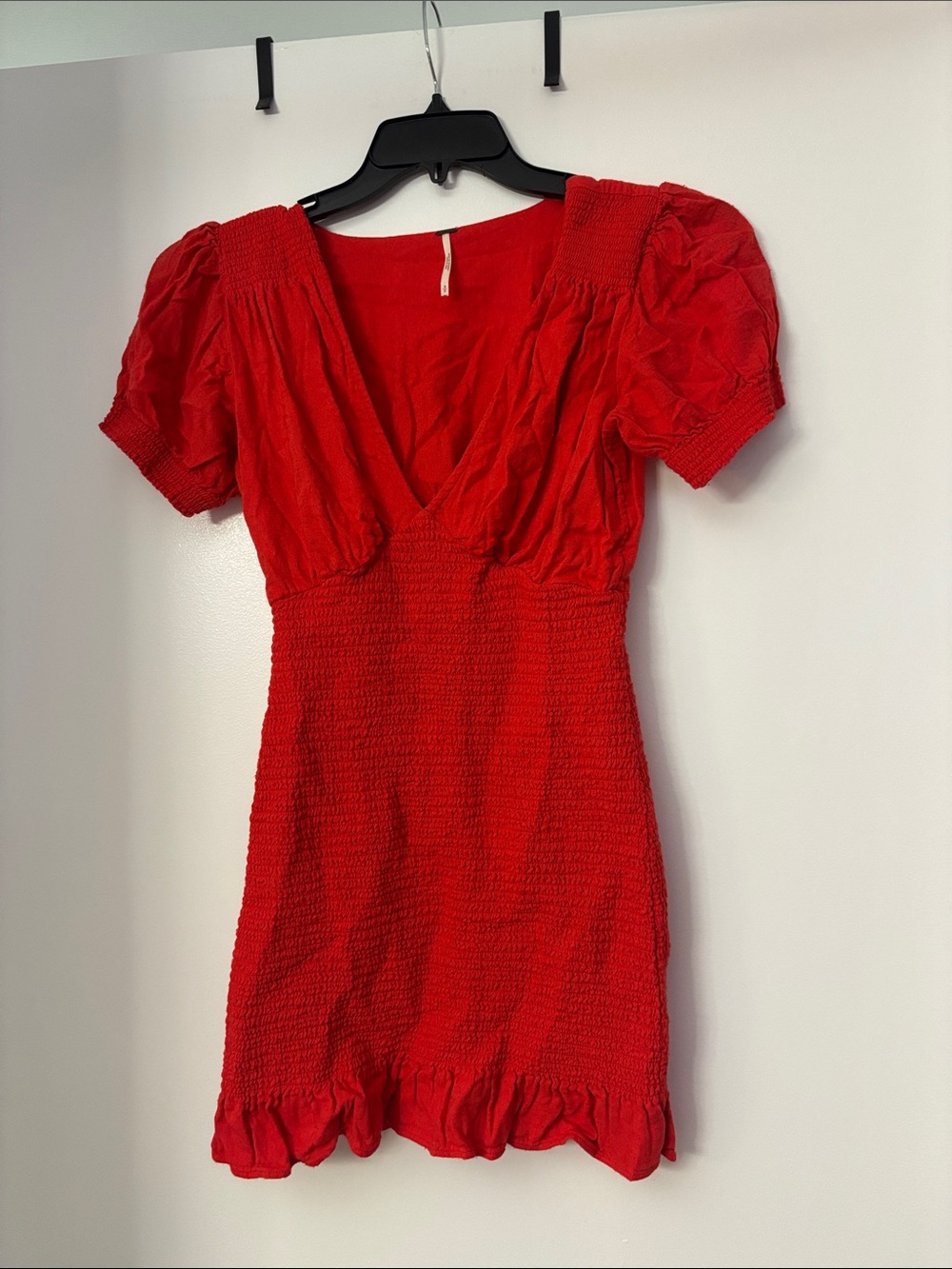Free People Red Puff-Sleeve Smocked Mini Dress